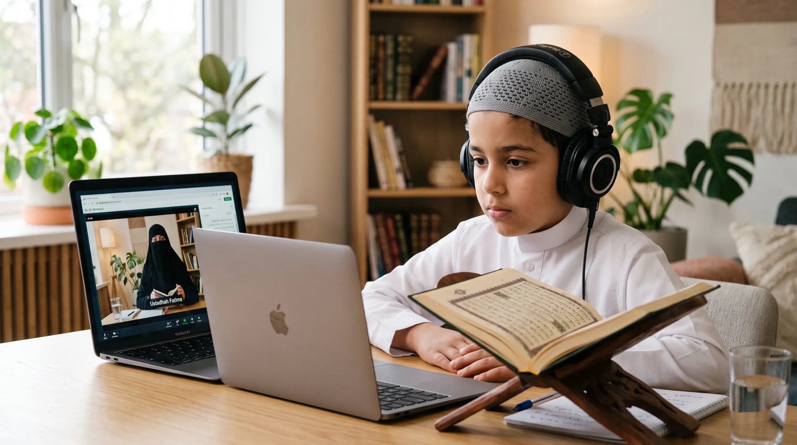 Child studying Quran in an online class