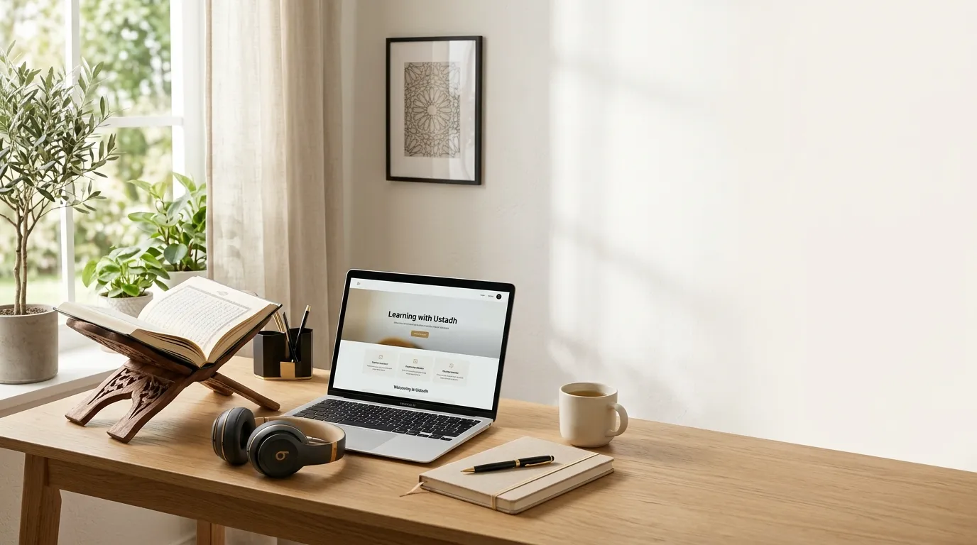 Quran and laptop set up for an online class